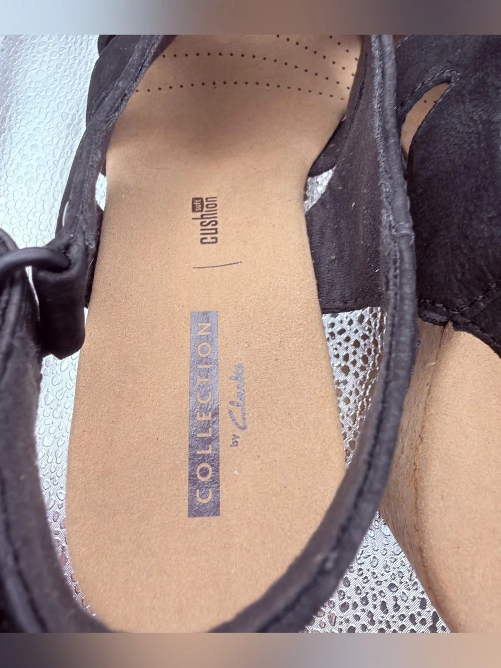 Clarks Black Suede Slingback Wedge Sandals